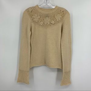 Anthropologie Sleeping On Snow Crochet Bodice Wool Blend Ivory Sweater, Size S